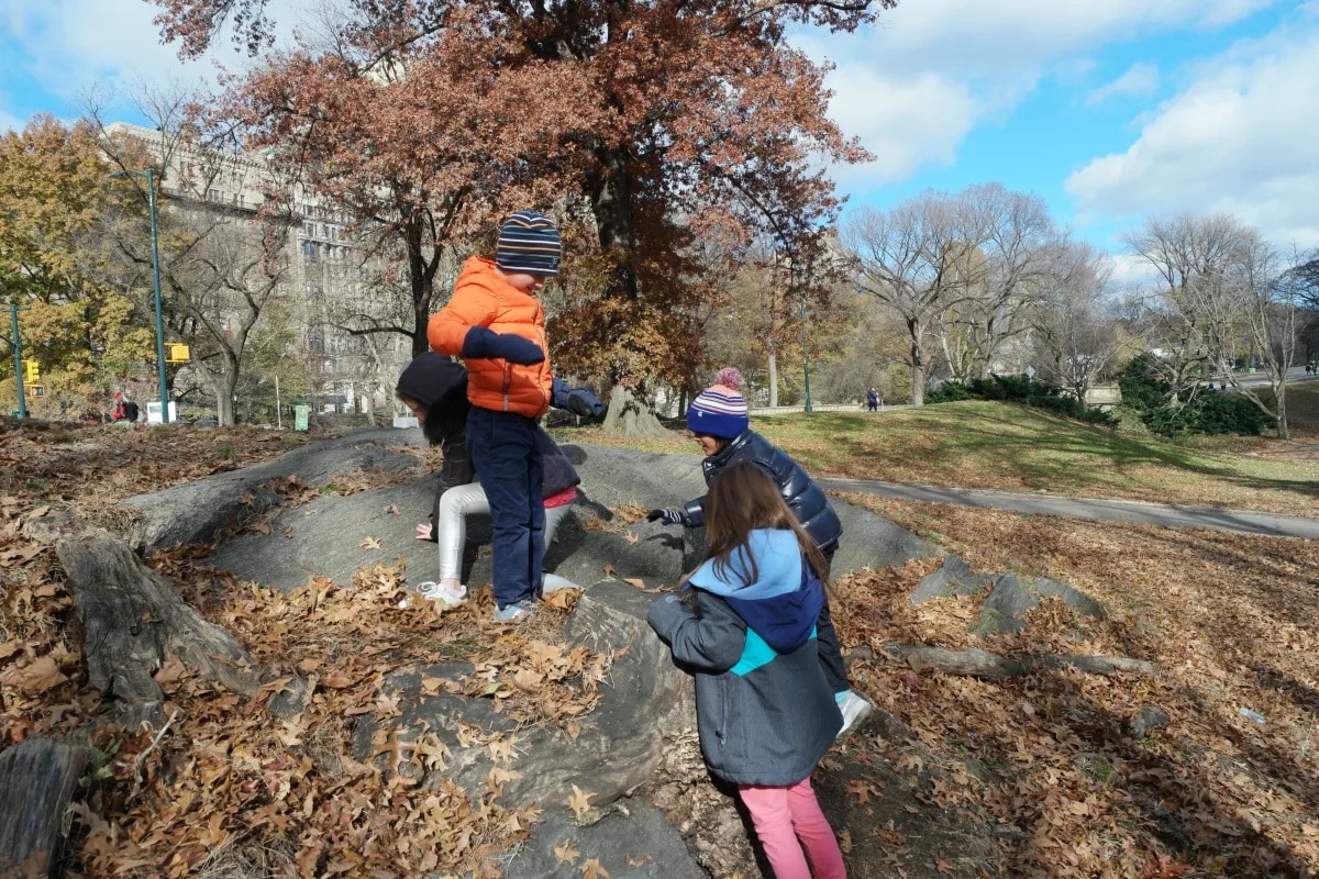 Lower school students on a fall day in Central Park, standing on rocks and looking at something together