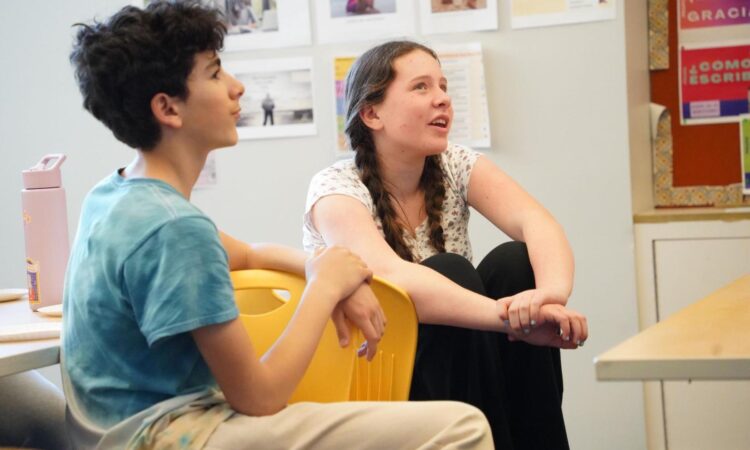 Author Abby White visits with Fieldston Middle students