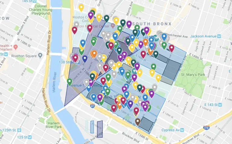 Students produced a map of crime in the Mott Haven area of the Bronx, interviewing police officers about their beats