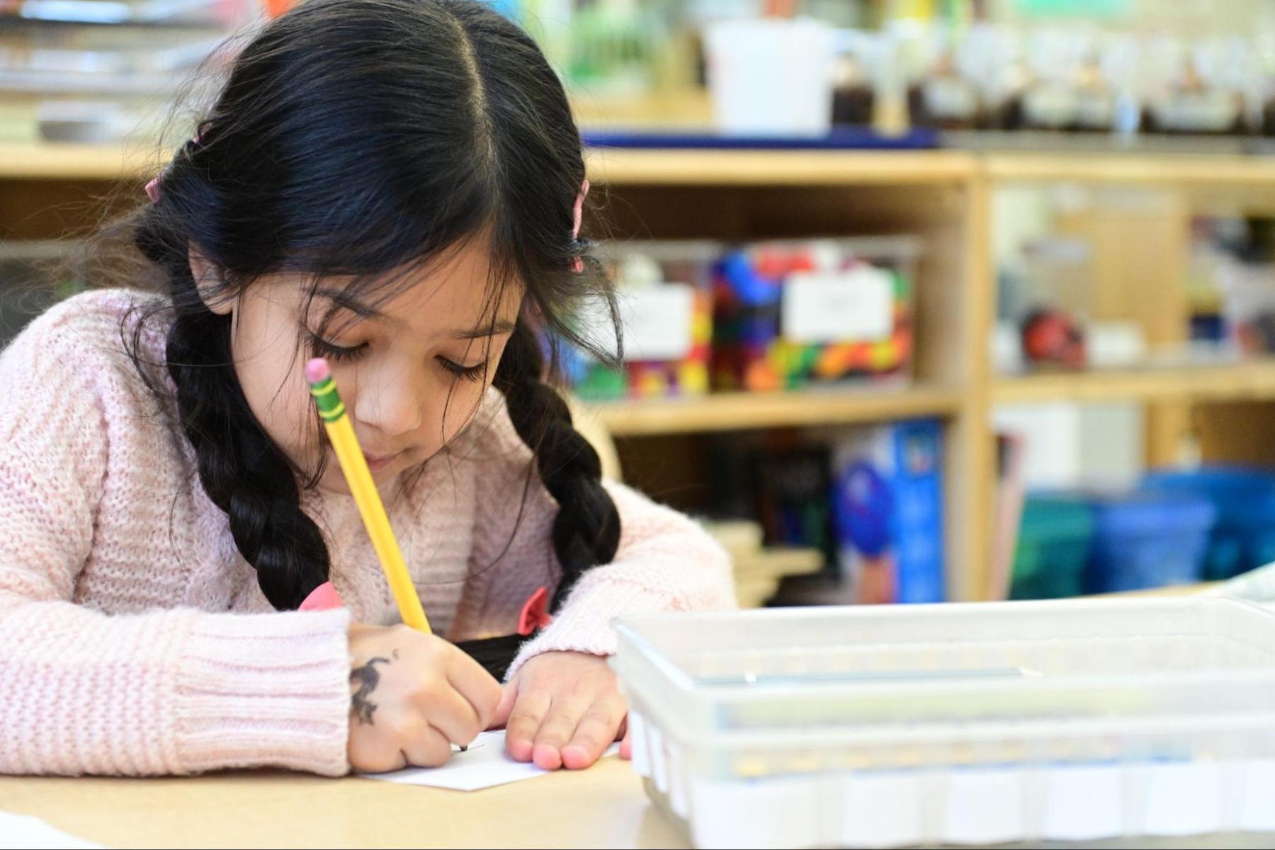 A Fieldston Lower student works on a project. 