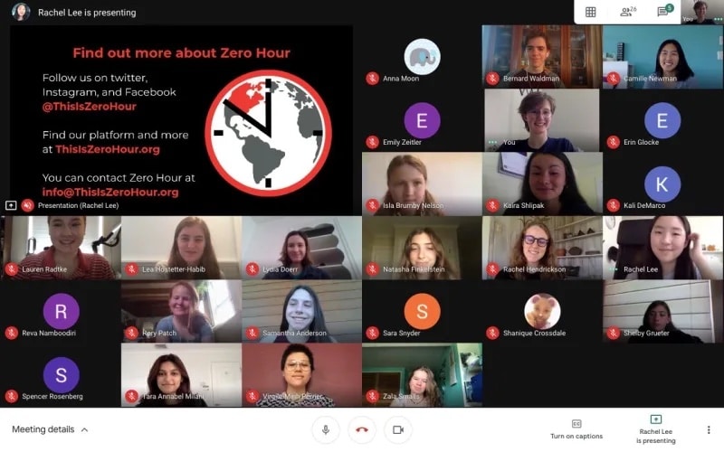 Zoom screen with multiple faces and climate summit informational chart