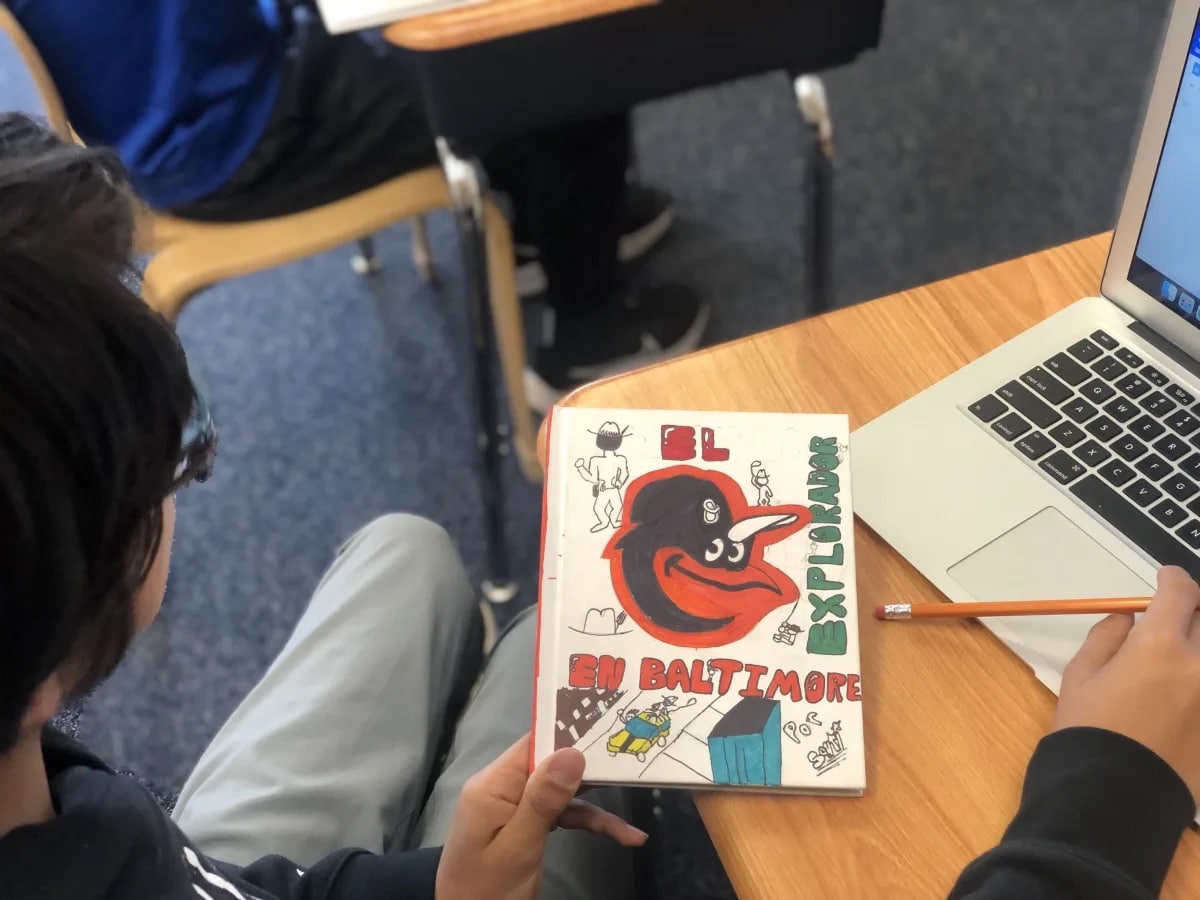 An Ethical Culture Fieldston School 5th Grader works on the Spanish book project