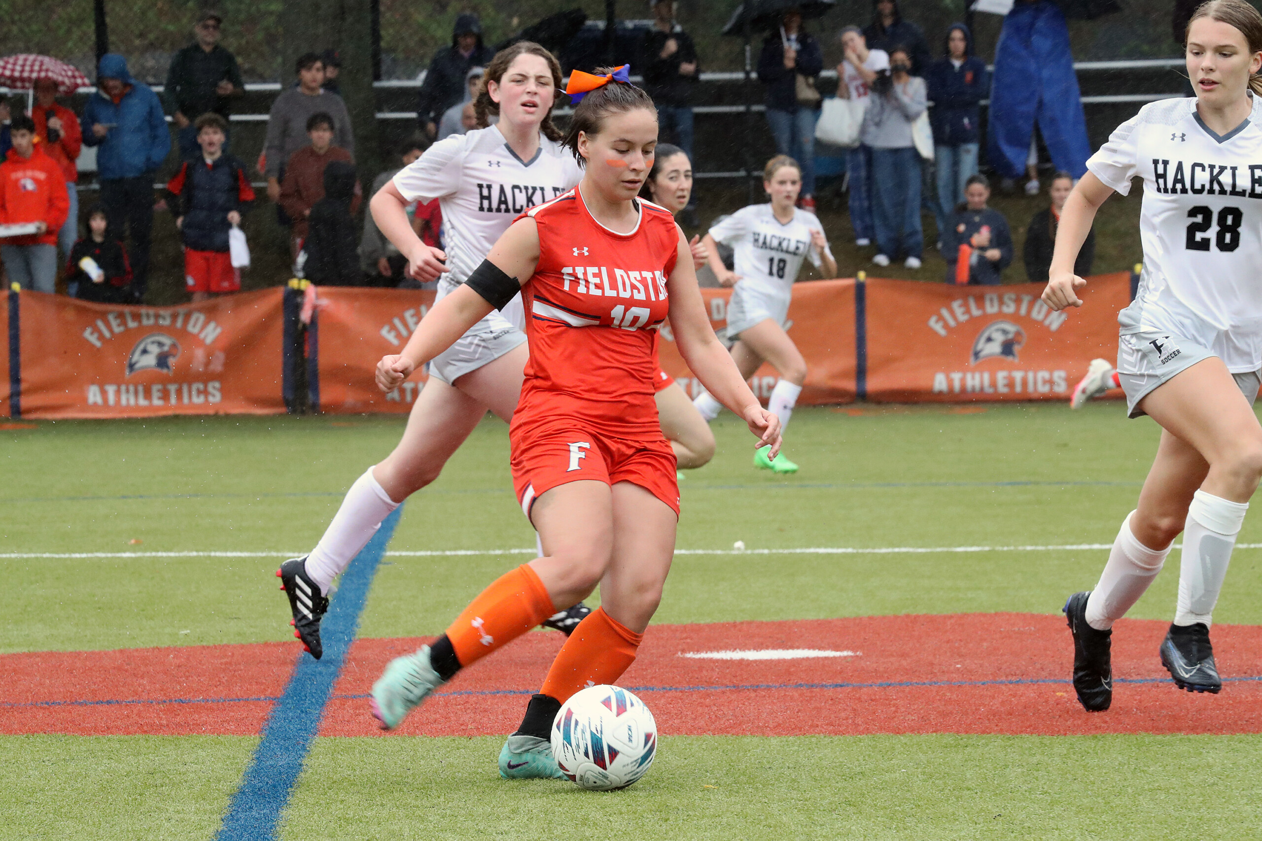 A girls varsity soccer player at Ethical Culture Fieldston School.