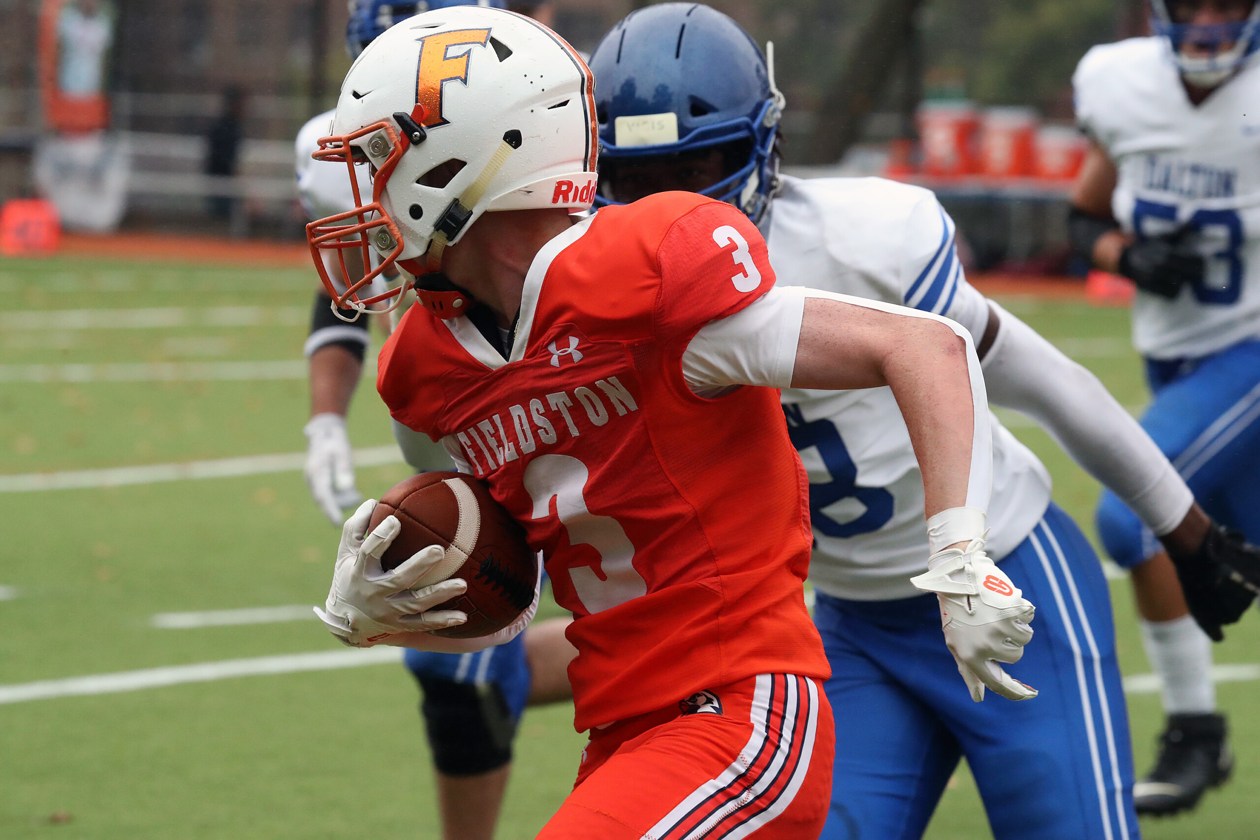 A varsity football player at Ethical Culture Fieldston school