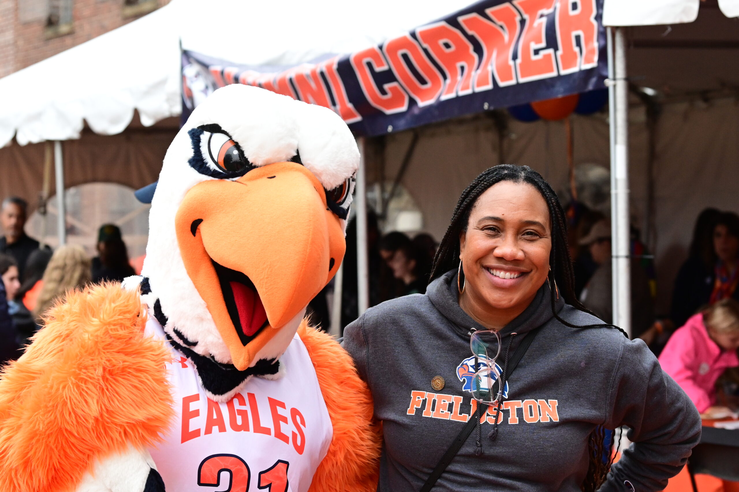 A community member poses with the ECFS eagle