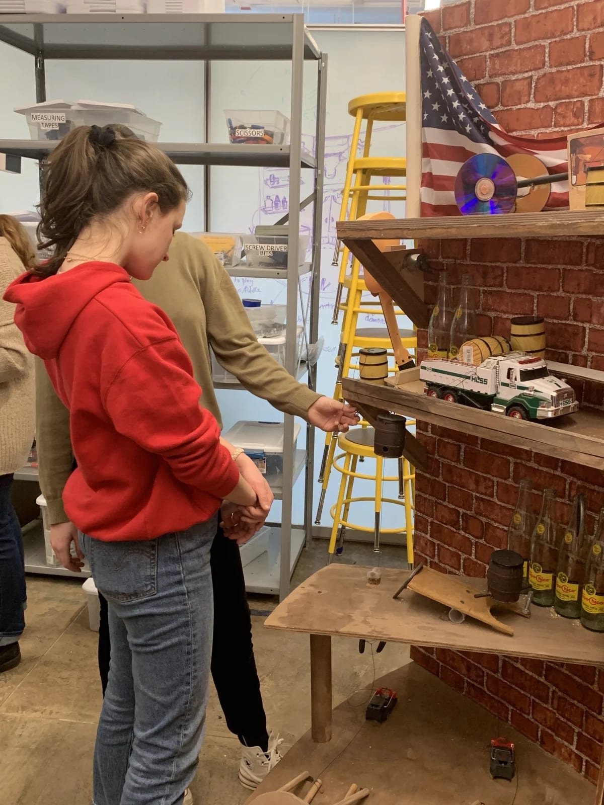 Ethical Culture Fieldston School Upper School students construct a Rube Goldberg machine