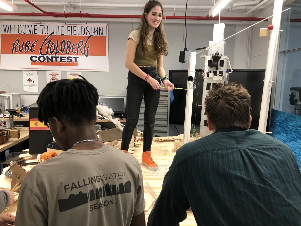 Ethical Culture Fieldston School Upper School students construct a Rube Goldberg machine