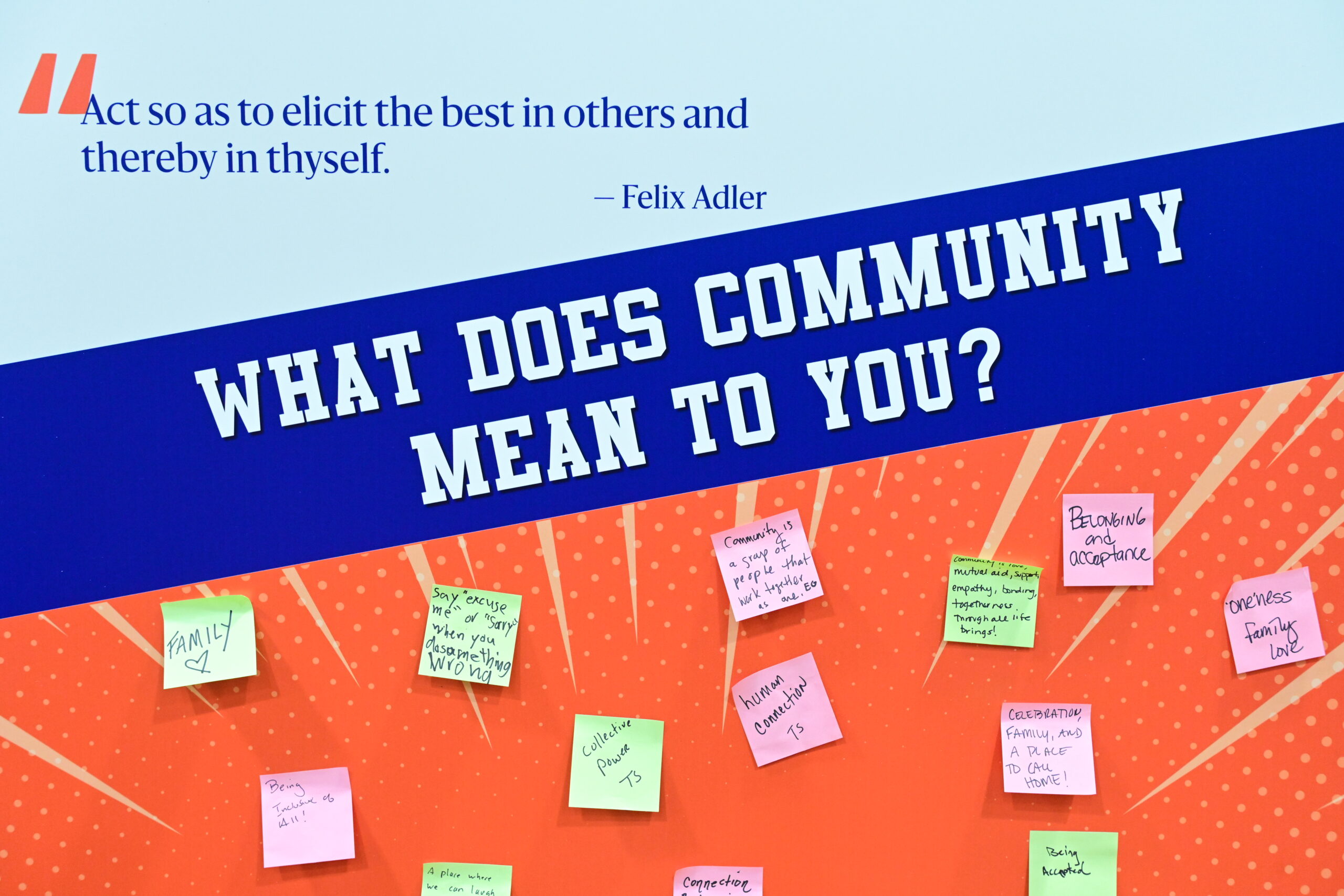Poster board that reads, "What does community mean to you?" at Homecoming.