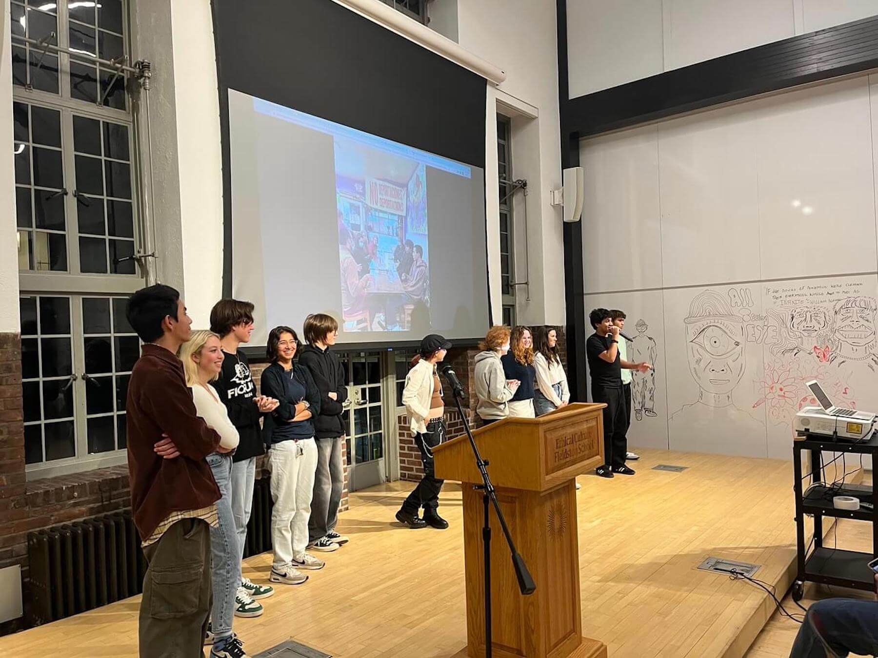 Fieldston Upper students present City Sem projects in the Student Commons. 