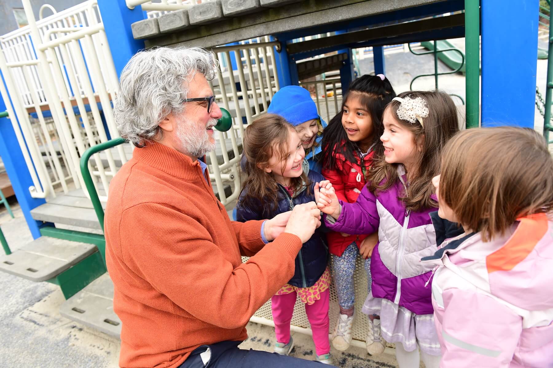 Ethical Culture Fieldston School Fieldston Lower students play pretend with Head of School, Joe Algrant