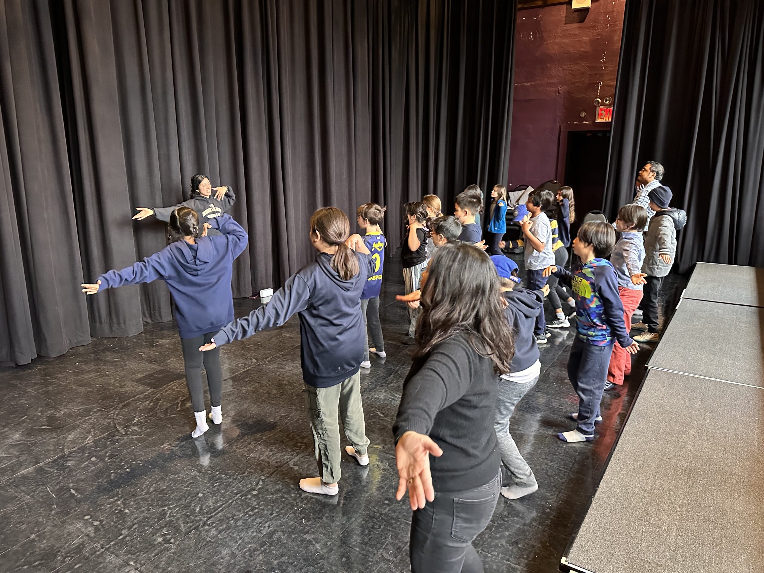 Fieldston Lower students take part in Ajna Dance workshop in Alex Cohen Theatre.