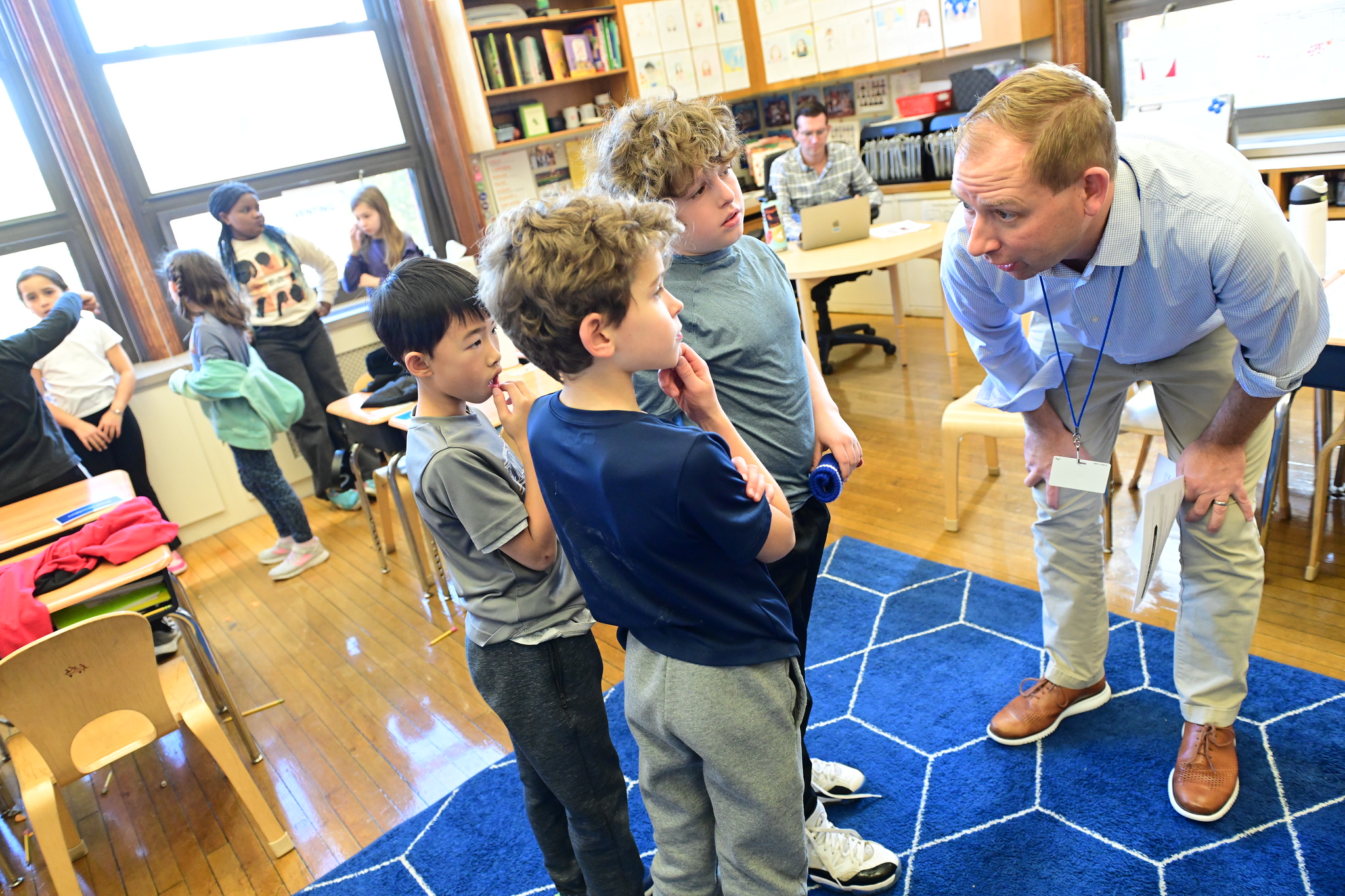 Erik Landgren speaks with Ethical Culture students during Owning Up lesson.