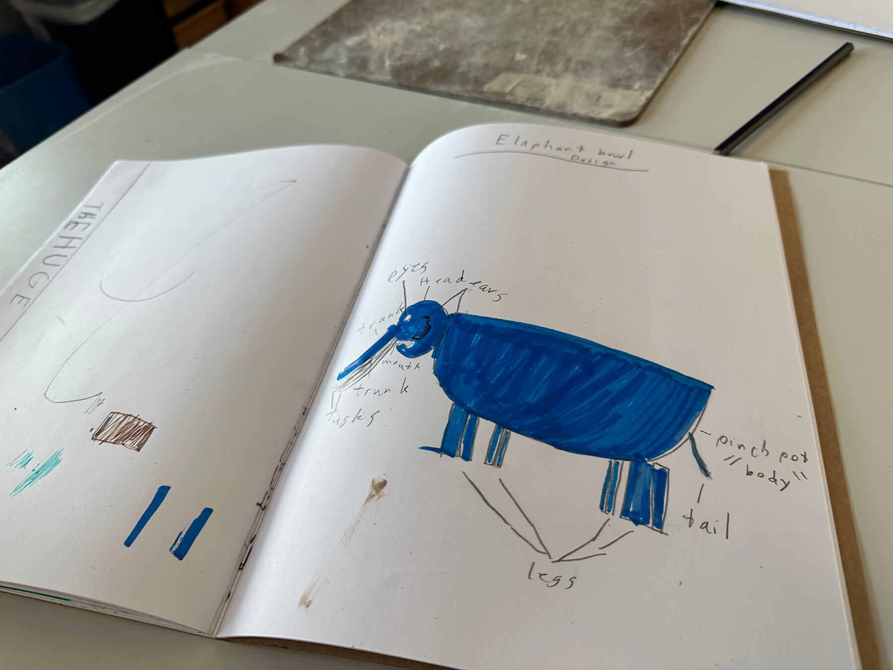 Photo of Ethical Culture student's sketchbook in which he has drawn an elephant that he will use to model his clay creation.