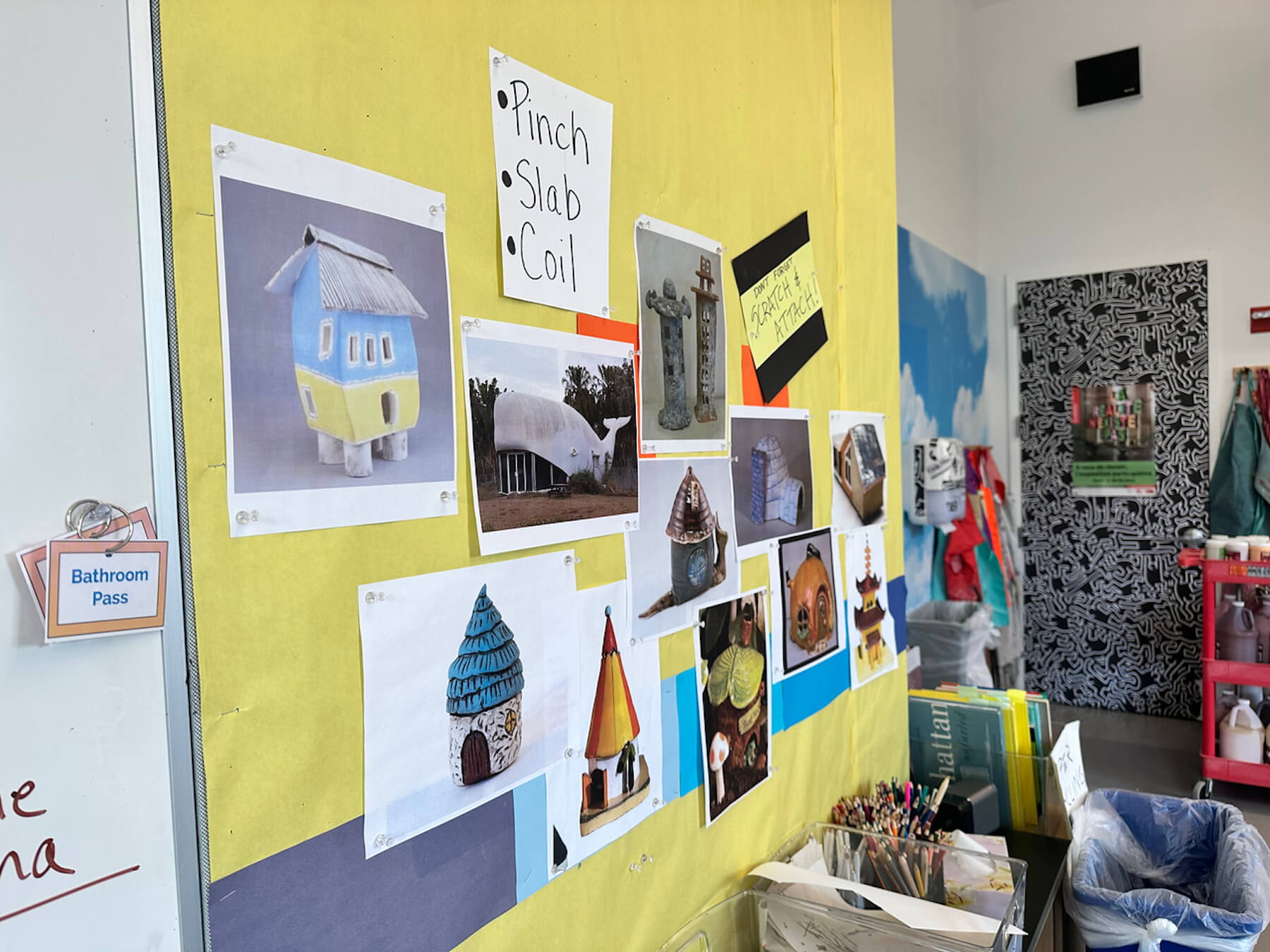 The walls of the Ethical Culture art room are decorated with photographs that serve as inspiration for the students' ceramics projects.