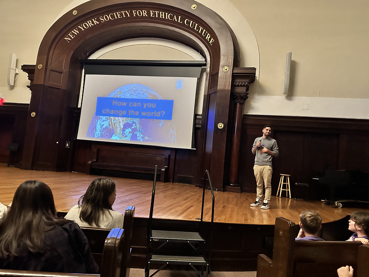 Ethics Teacher Nelson Sanchez presents at Ethical Culture assembly. 