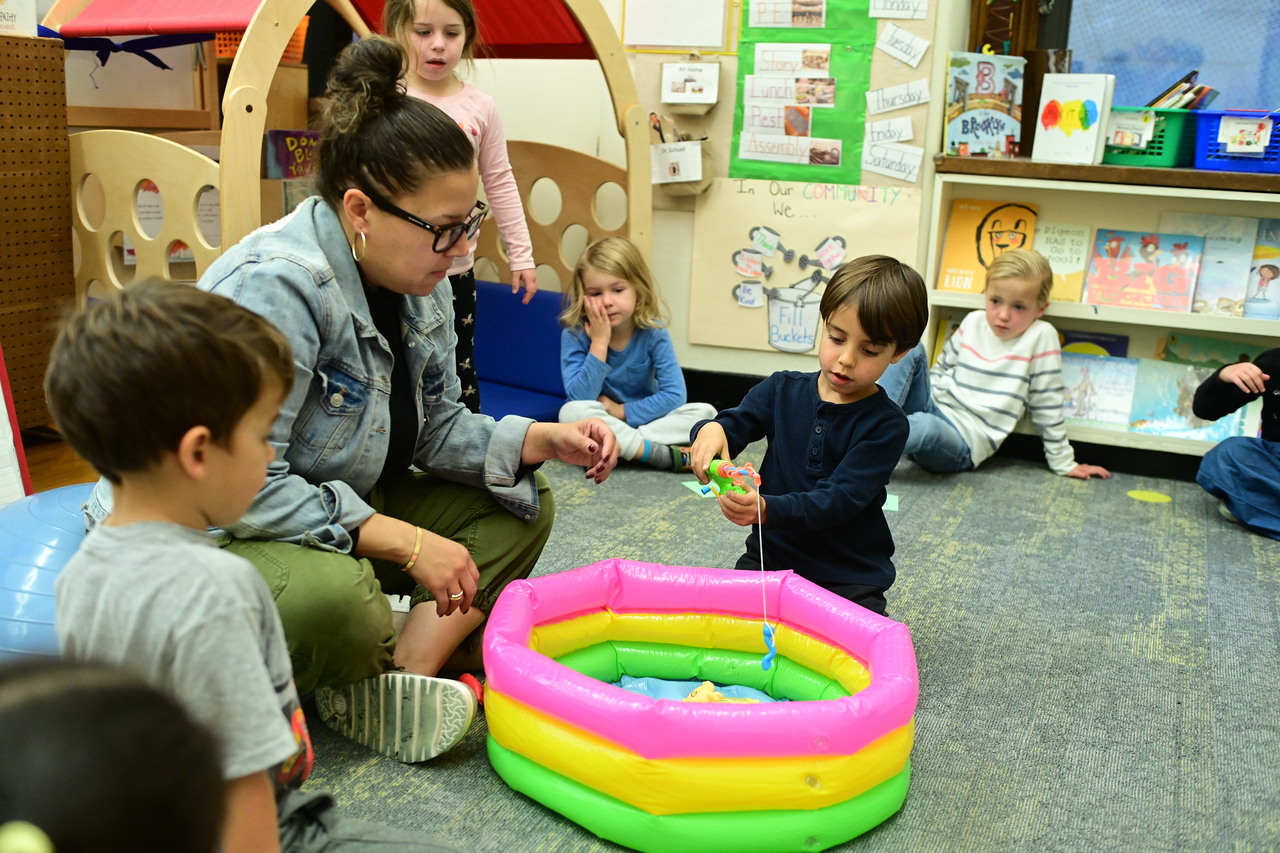 ethical culture fieldston school ethical culture Pre-K students engaging in fishing for letters game
