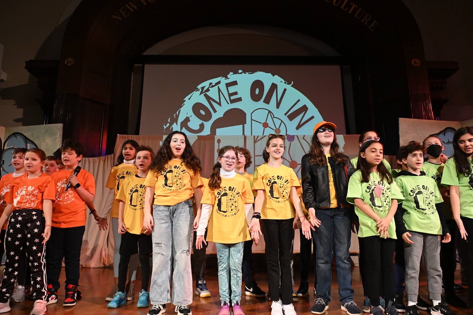Ethical Culture 4th Graders on stage at performance of "Come On In: The MInd of a 4th Grader."