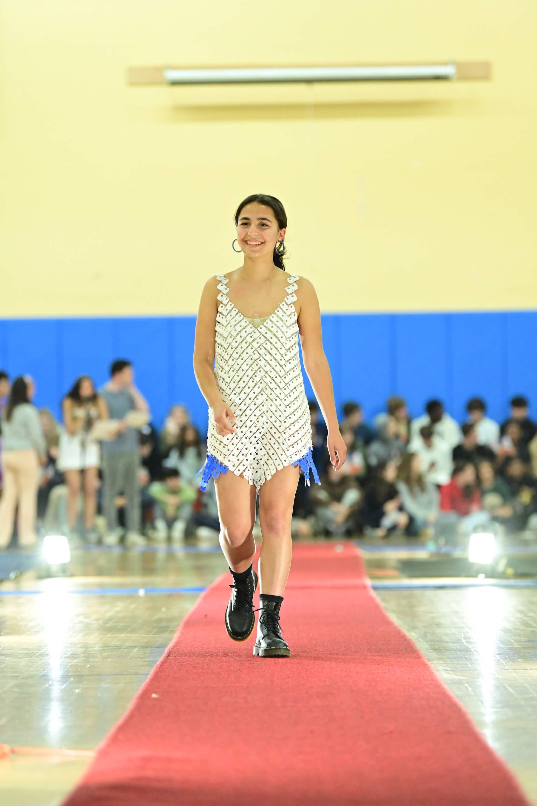 An Ethical Culture Fieldston Upper School student models at the Fashion Show.