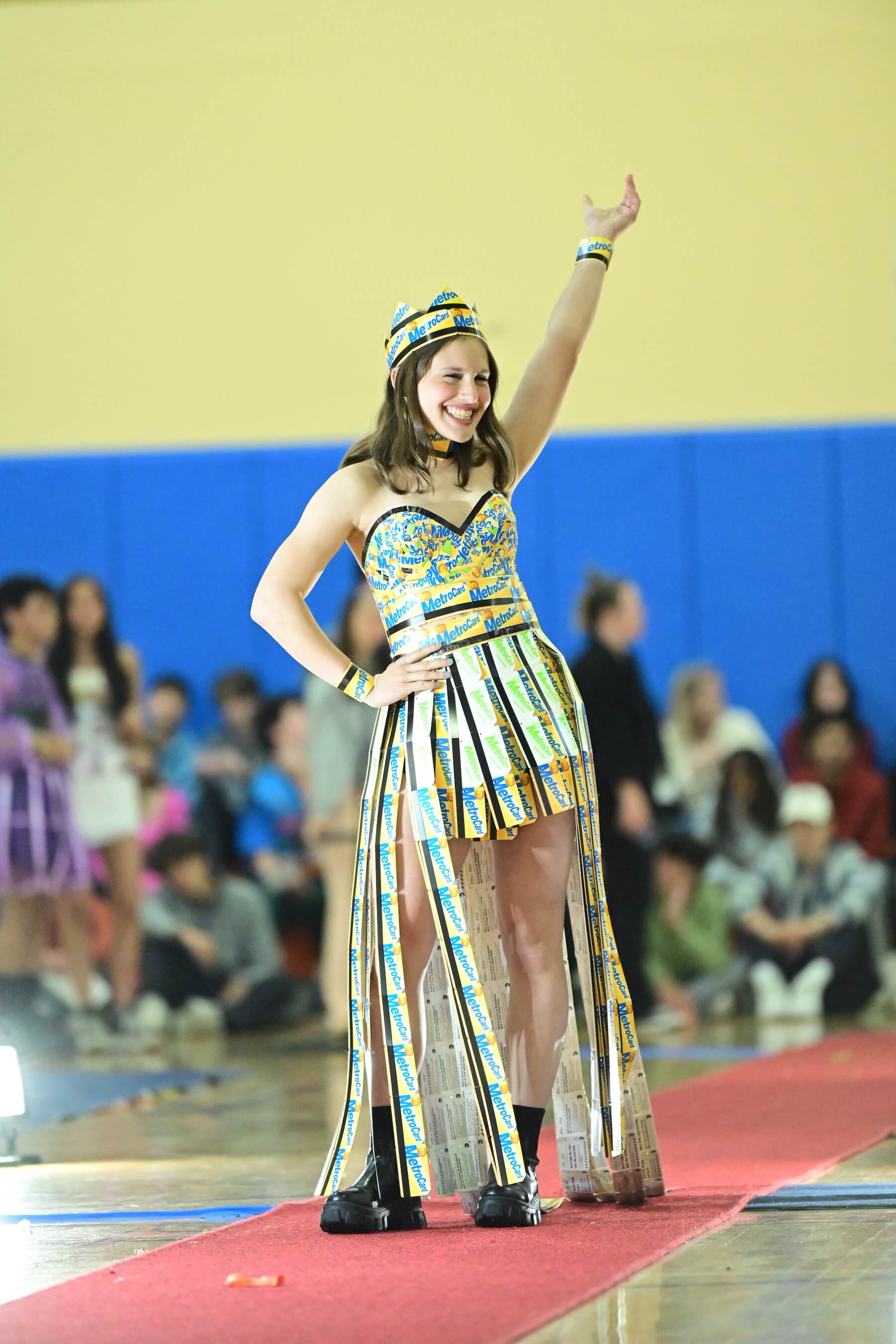 An Ethical Culture Fieldston Upper School student models at the Fashion Show.