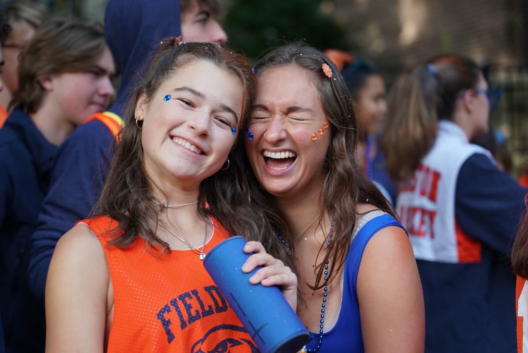 Ethical Culture Fieldston School Fieldston Upper students dressed in Fieldston spirit for pep rally smiling at camera