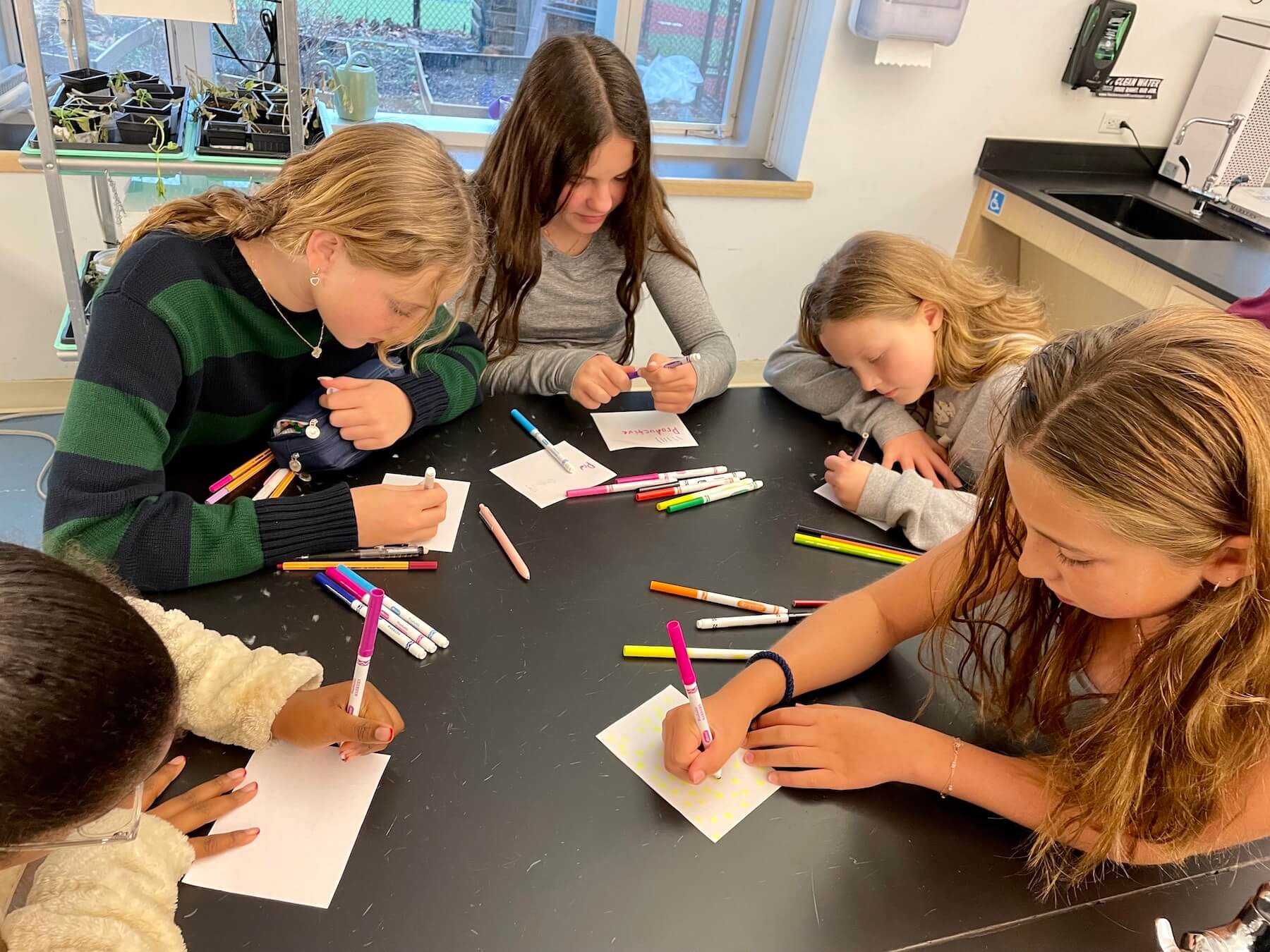 Ethical Culture Fieldston School students in Middle School write on index cards in science class