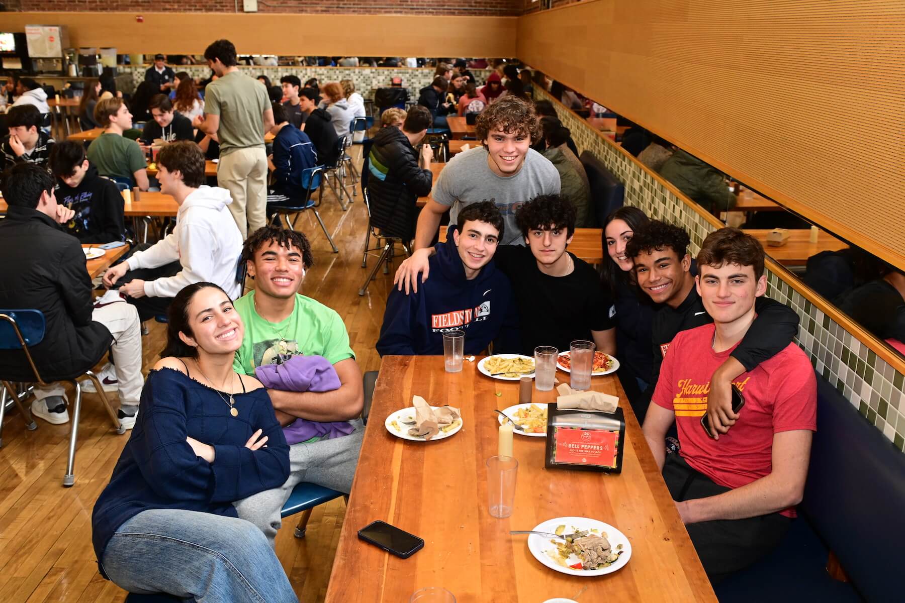 Ethical Culture Fieldston School students posing for photo during lunch at Fieldston Upper