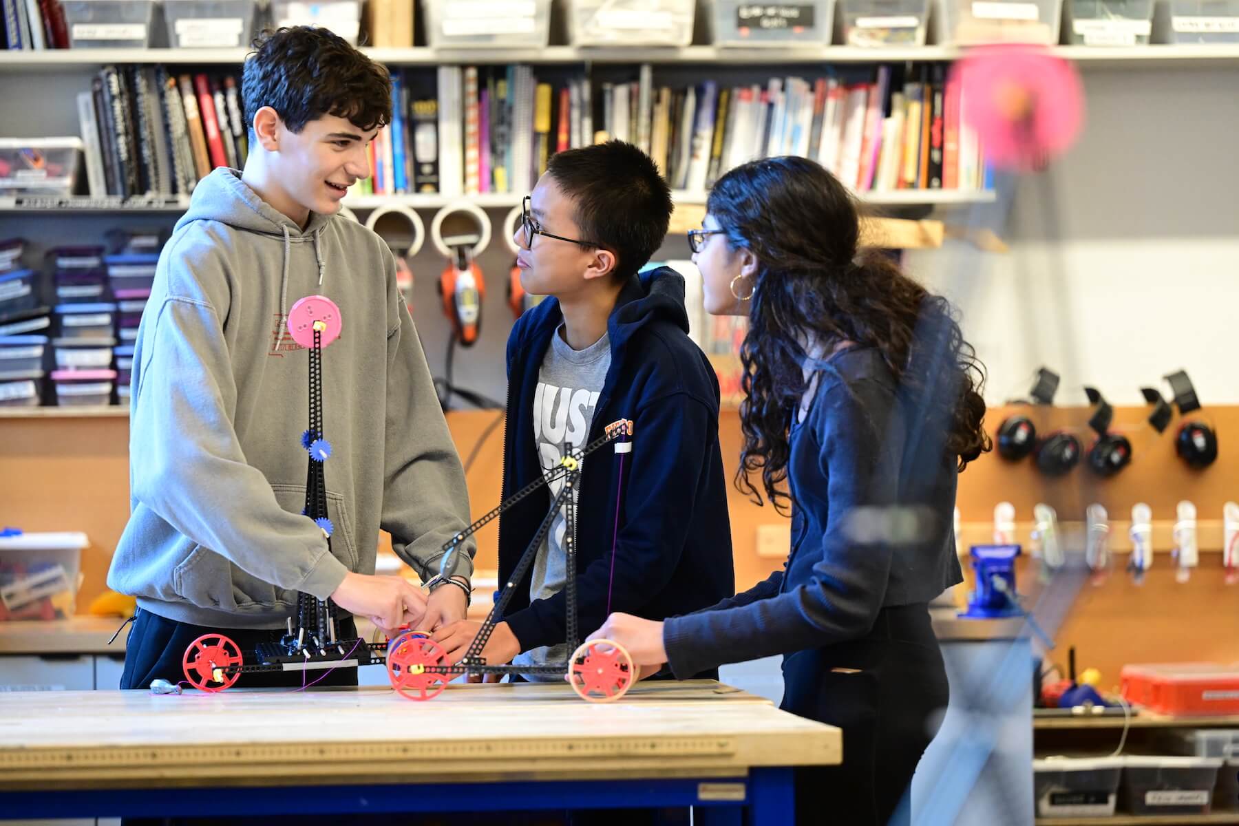 Ethical Culture Fieldston School students building in engineering class