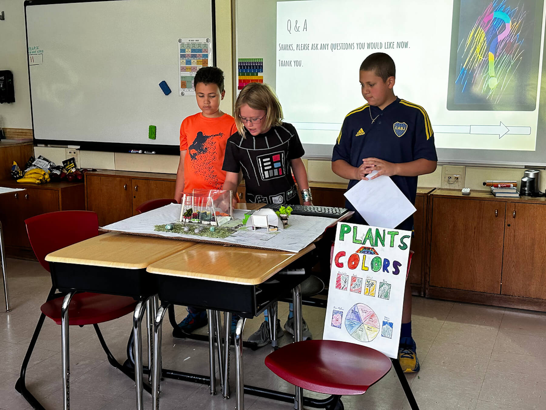 Three Fieldston Lower students give Shark Tank presentation in classroom.