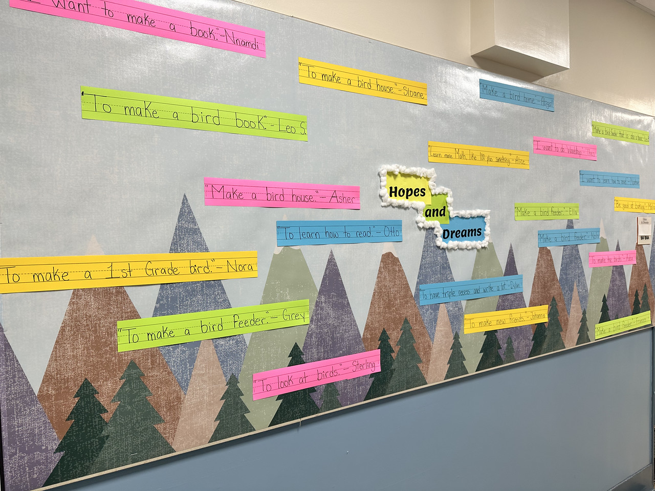 Hopes and dreams bulletin board in Fieldston Lower hallway.