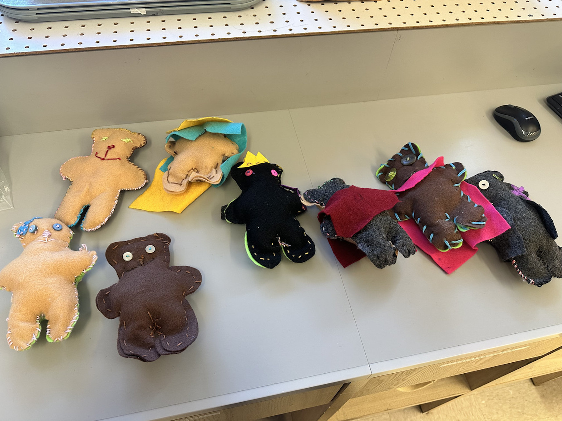 Photo of student stuffies on counter in Fieldston Lower classroom.