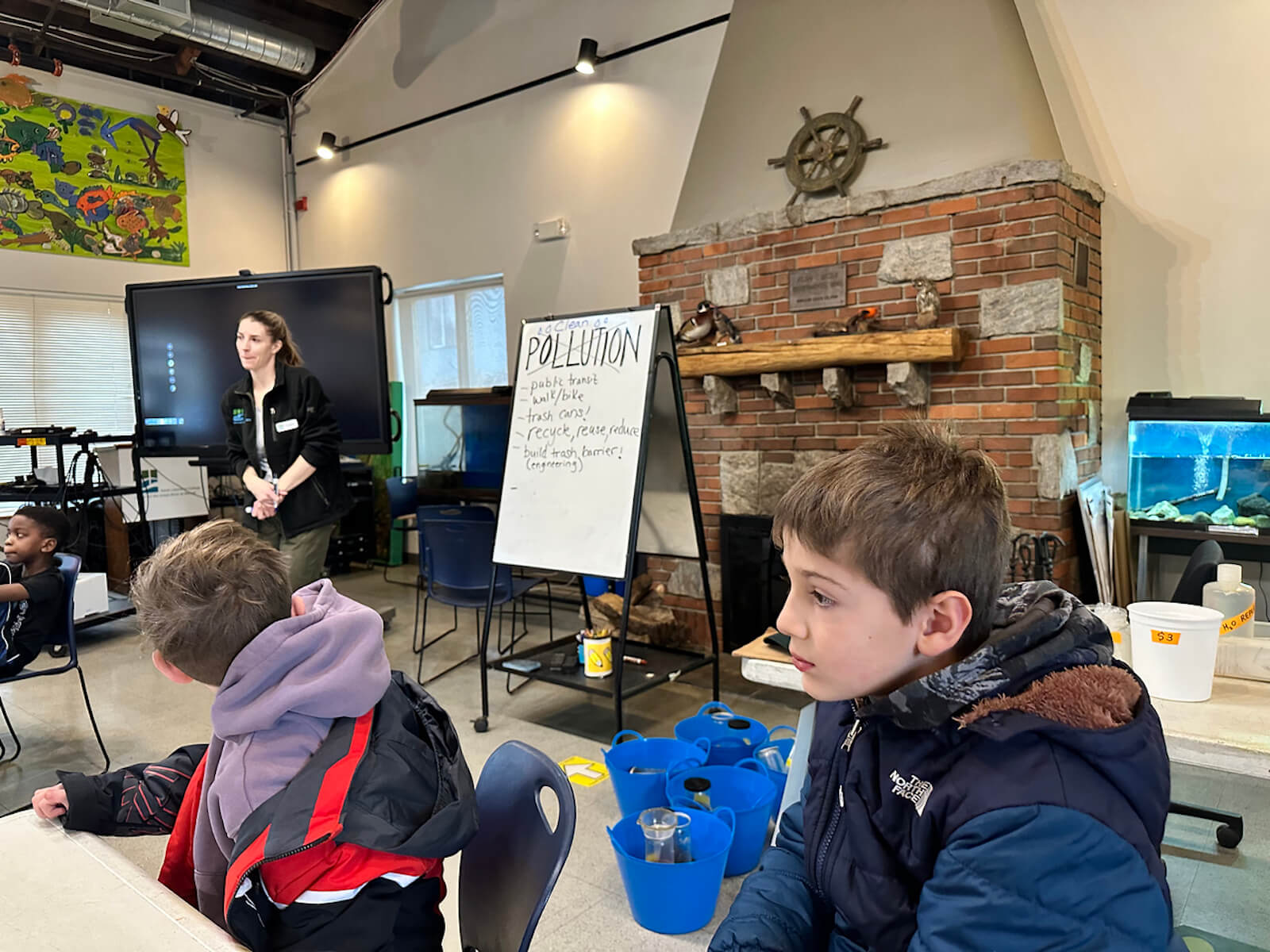 Fieldston Lower students talk about water pollution Beczak Center.