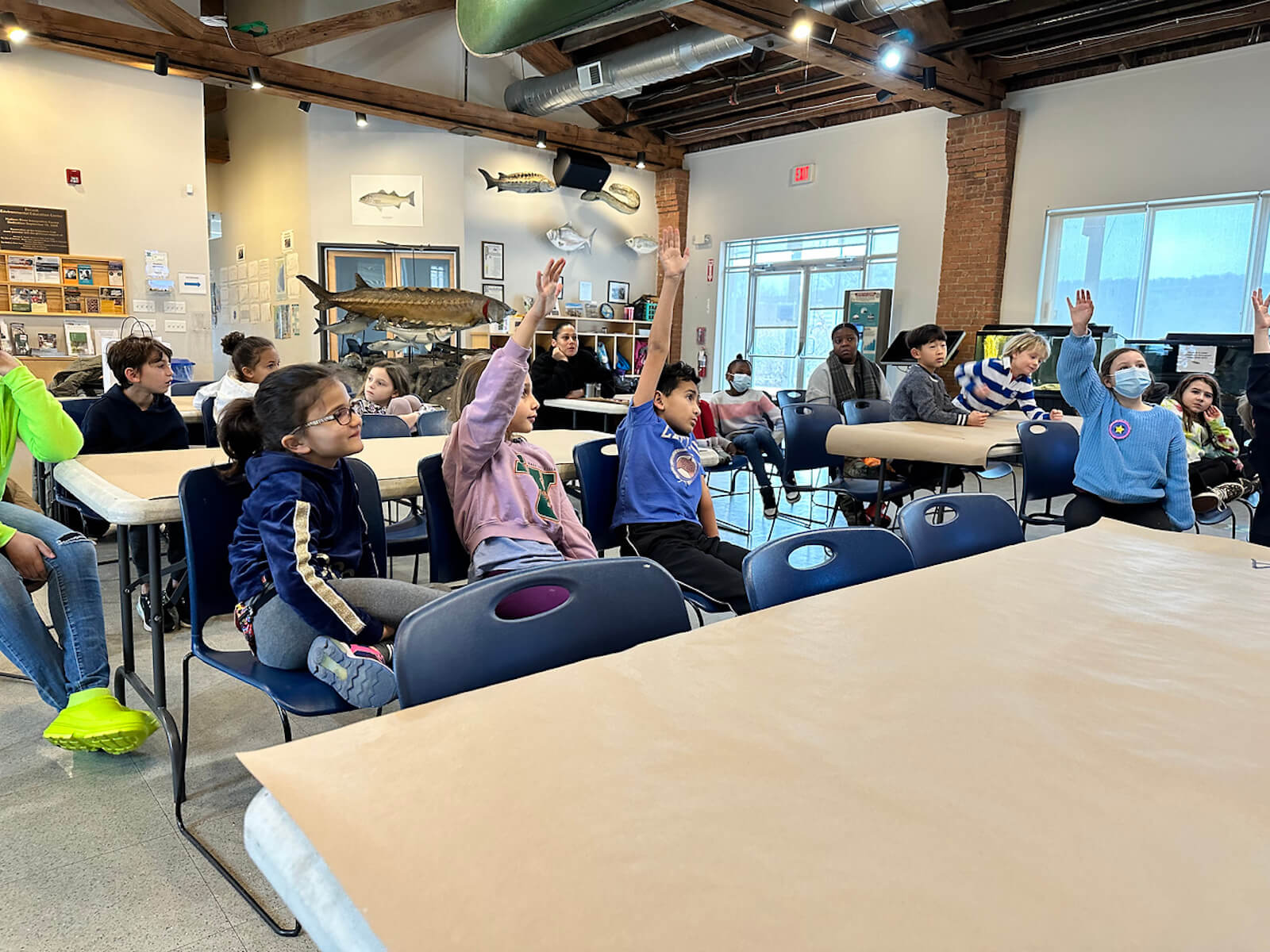 Fieldston Lower students raise their hands to contribute to a conversation about water pollution at the Beczak Center.