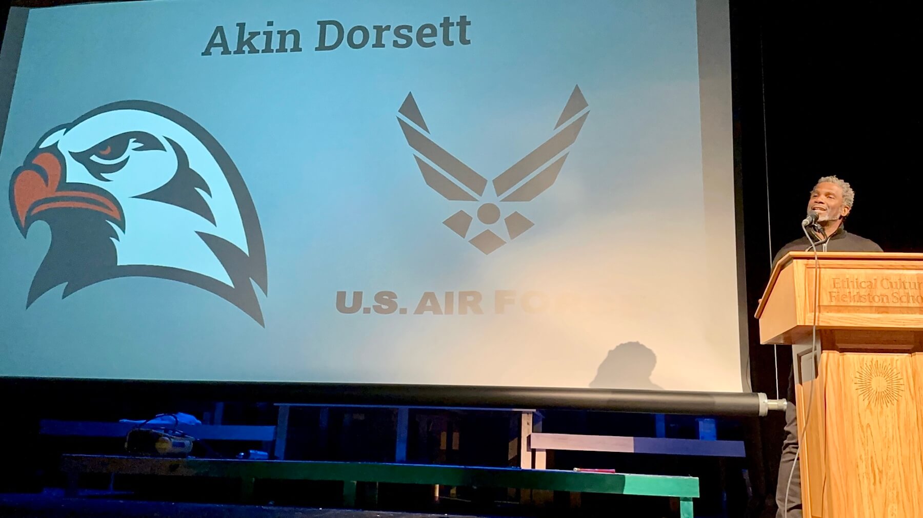 Akin Dorsett delivers remarks at Fieldston Upper Veterans Day assembly.