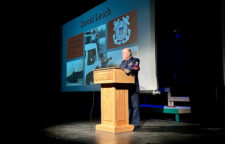 David Leich delivers remarks at Fieldston Upper Veterans Day assembly in military uniform.