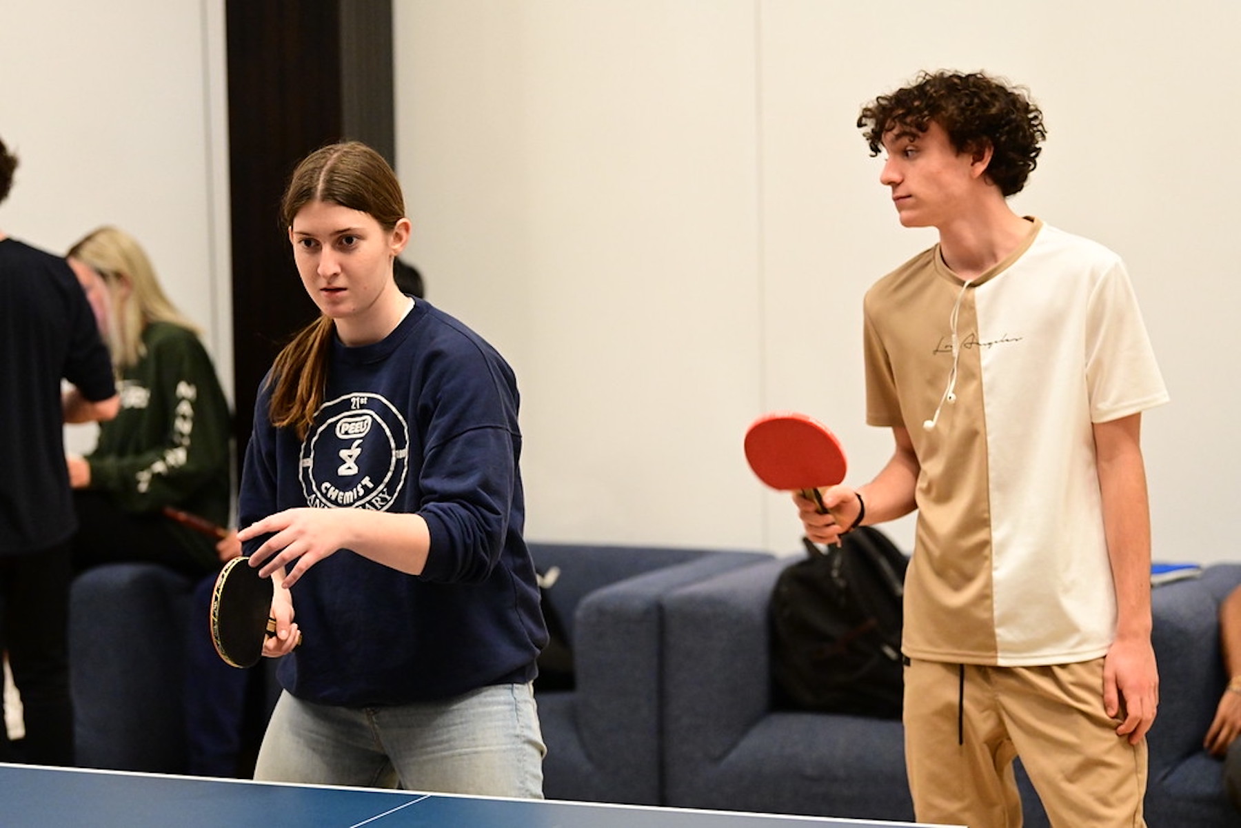 Two Fieldston Upper students practice table tennis.
