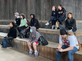 A group of Fieldston Upper students reflect at a civil rights site on their Alabama trip.