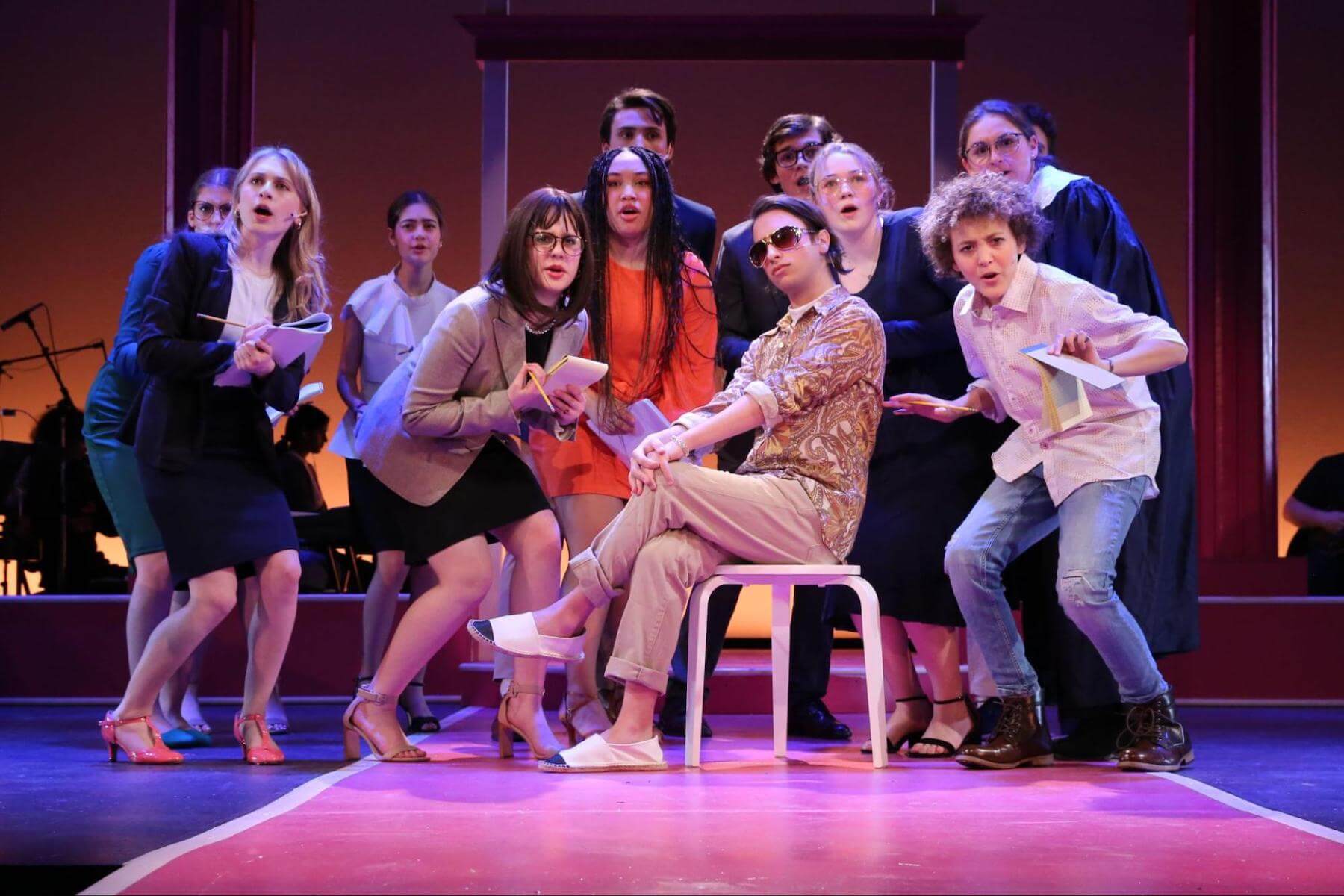 A group of Ethical Culture Fieldston Upper School students perform onstage in Legally Blonde.