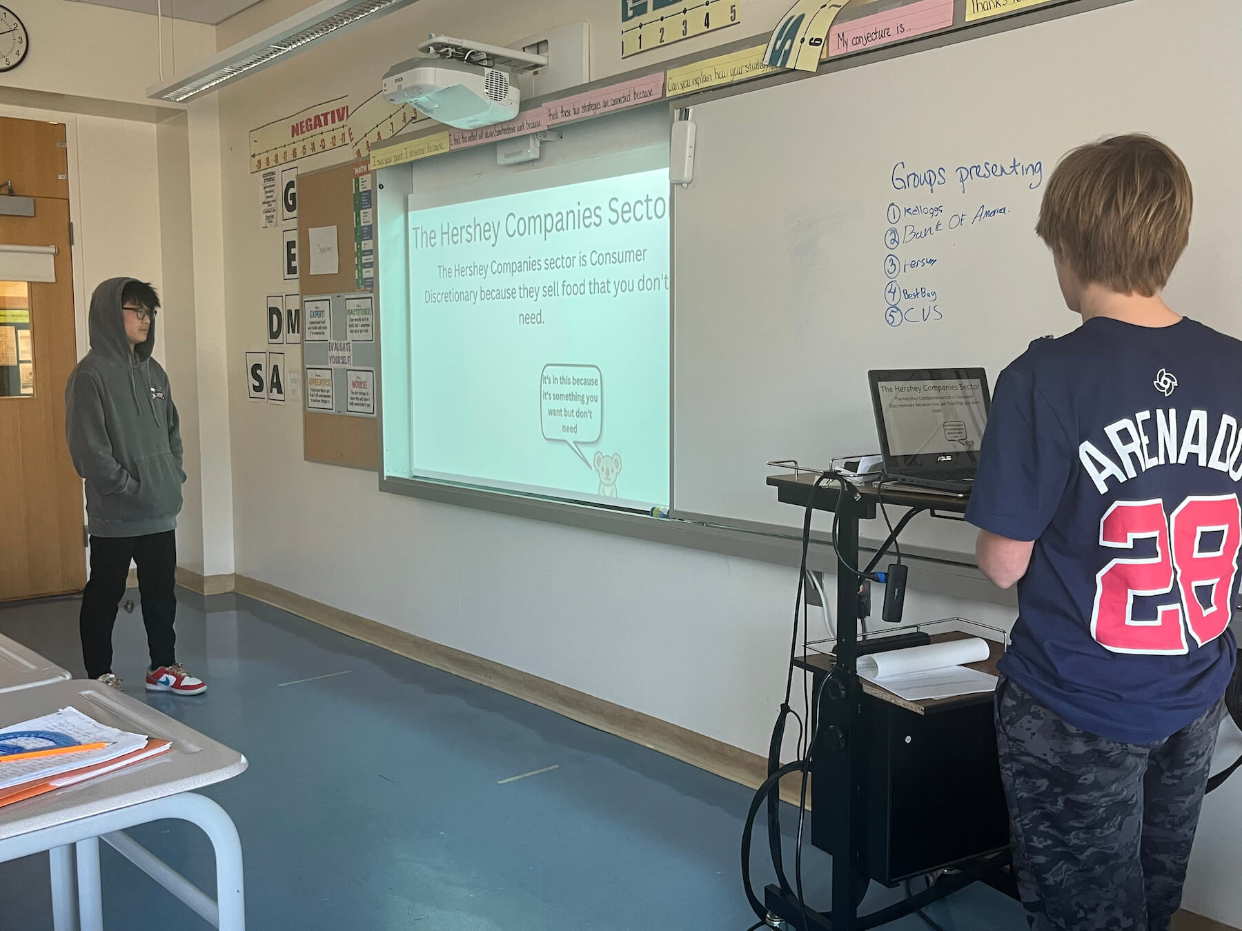 Two Ethical Culture Fieldston 6th Grade students present their math project to the class.