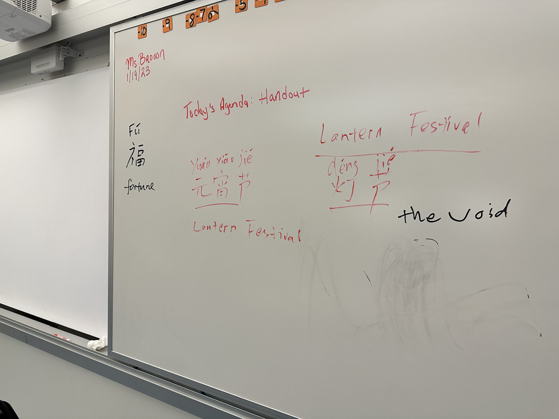 Photo of whiteboard with words such as "lantern festival" and "fortune" spelled out in Mandarin.