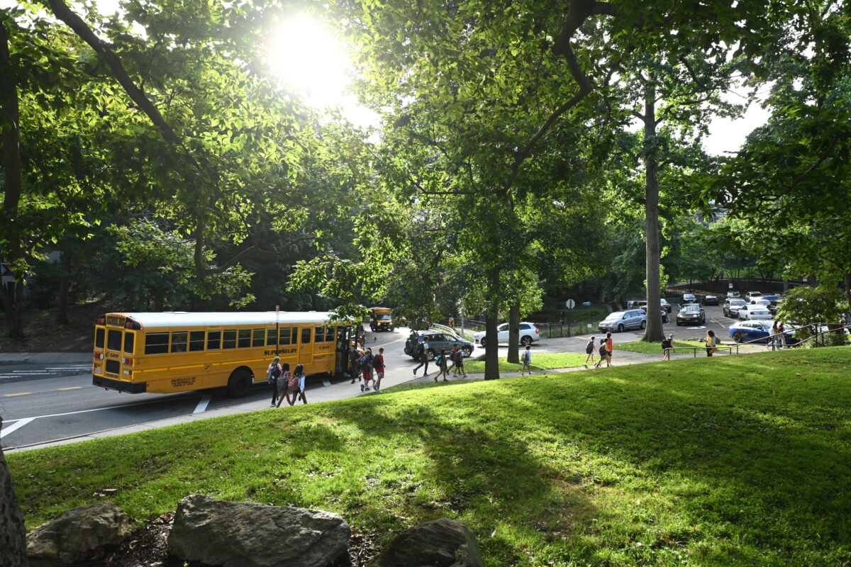 Buses pull up to the Ethical Culture Fieldston School on the first day of school
