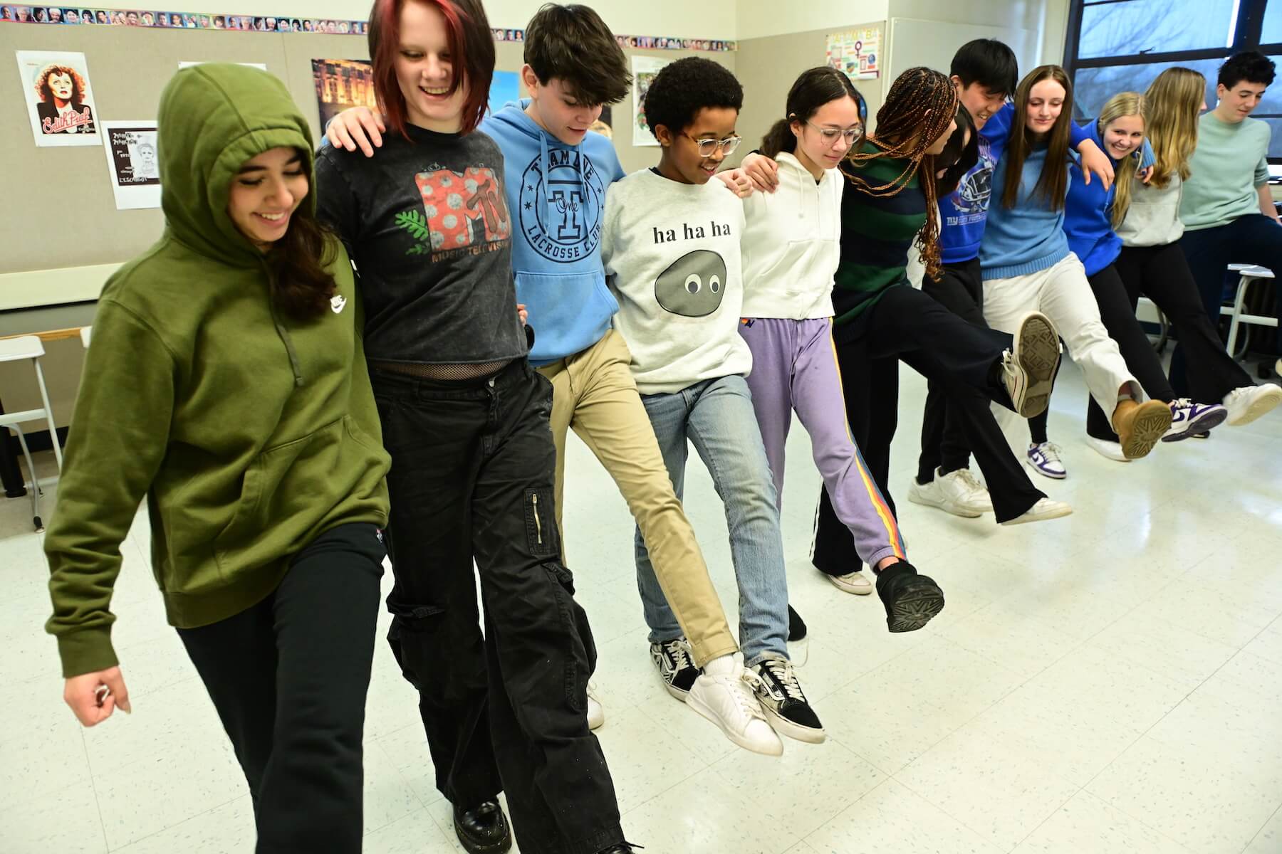 Ethical Culture Fieldston School Fieldston Fieldston Upper students dance the kick line in foreign language class