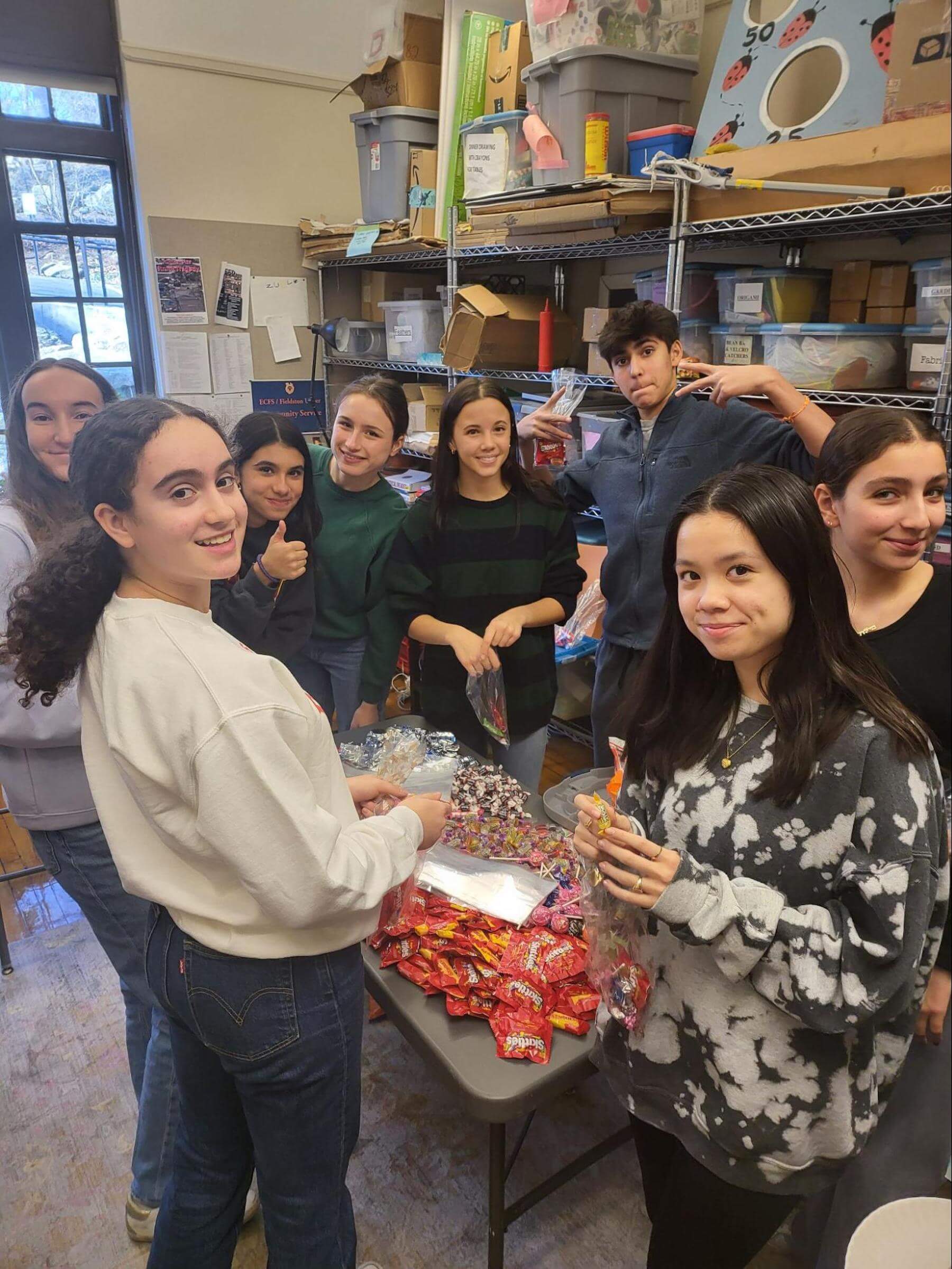 A group of Ethical Culture Fieldston School students prepare candygrams.