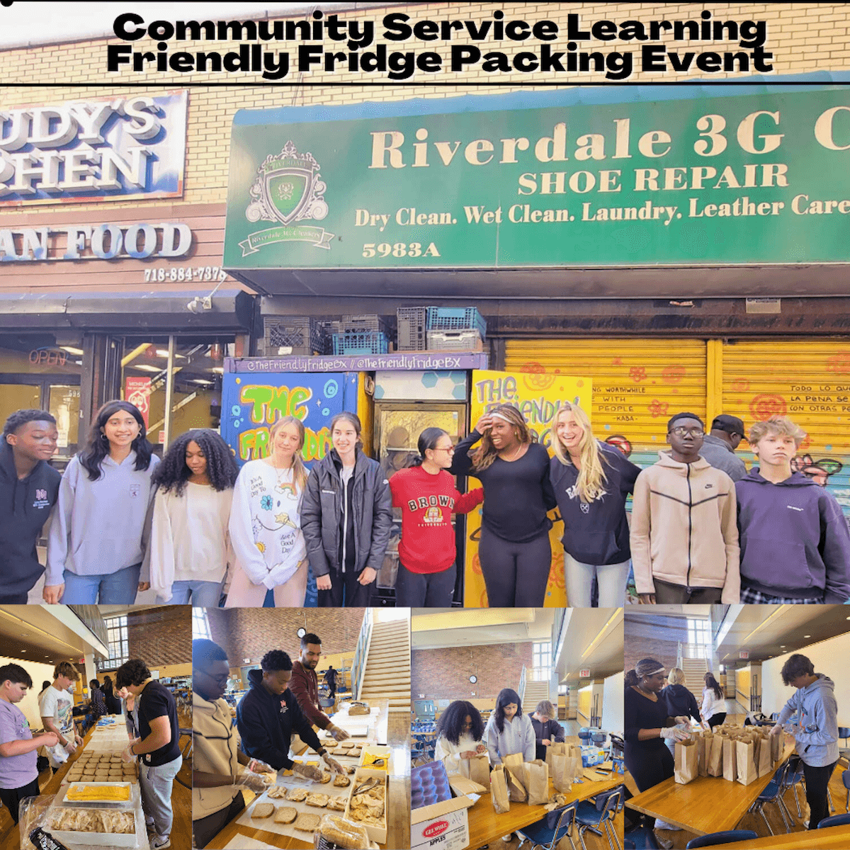 Ethical Culture Fieldston School pose in front of the full community fridge in Riverdale.