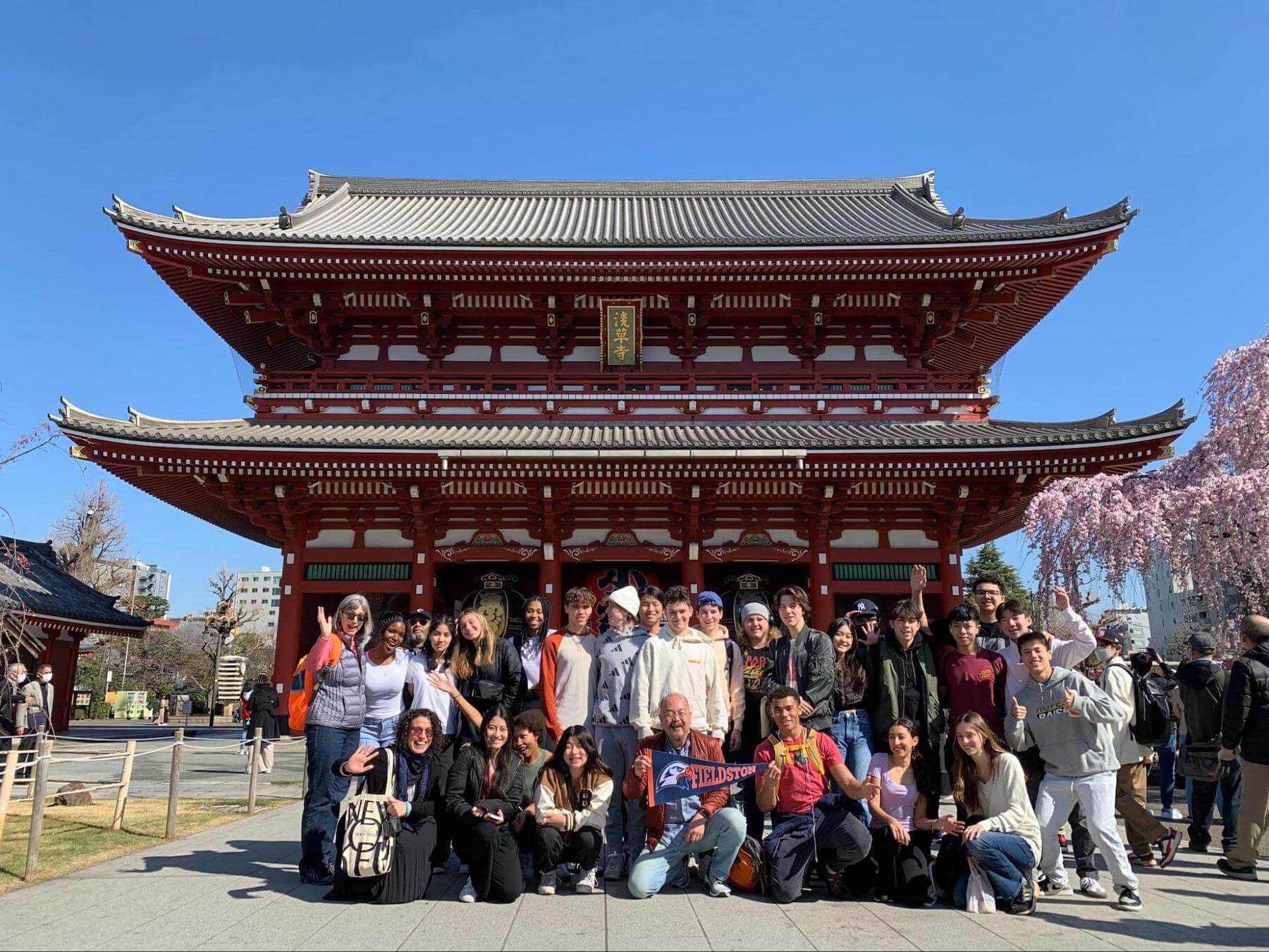 A group of Ethical Culture Fieldston Upper students visit a temple in Japan