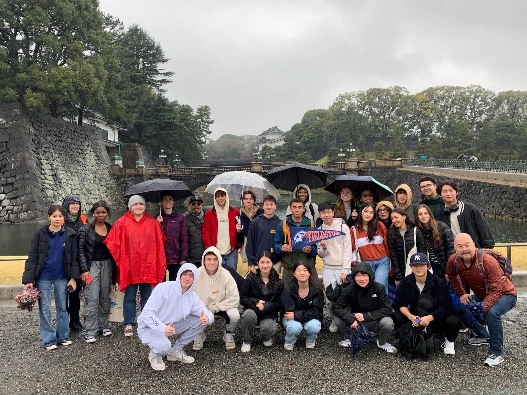 A group of Ethical Culture Fieldston Upper School students visit a Japanese landmark together