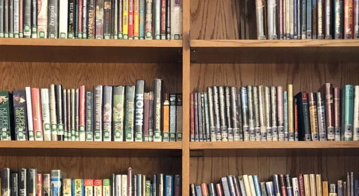 Photo of books organized on wooden shelf