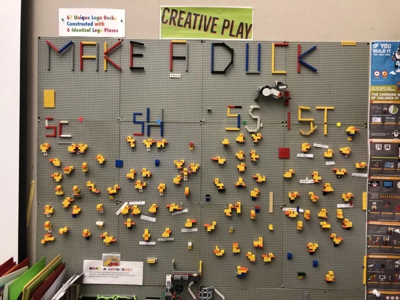 Student lego ducks hanging on bulletin board