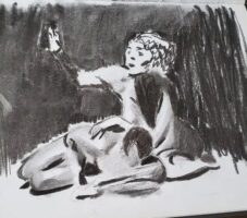 charcoal still life drawing of two figures