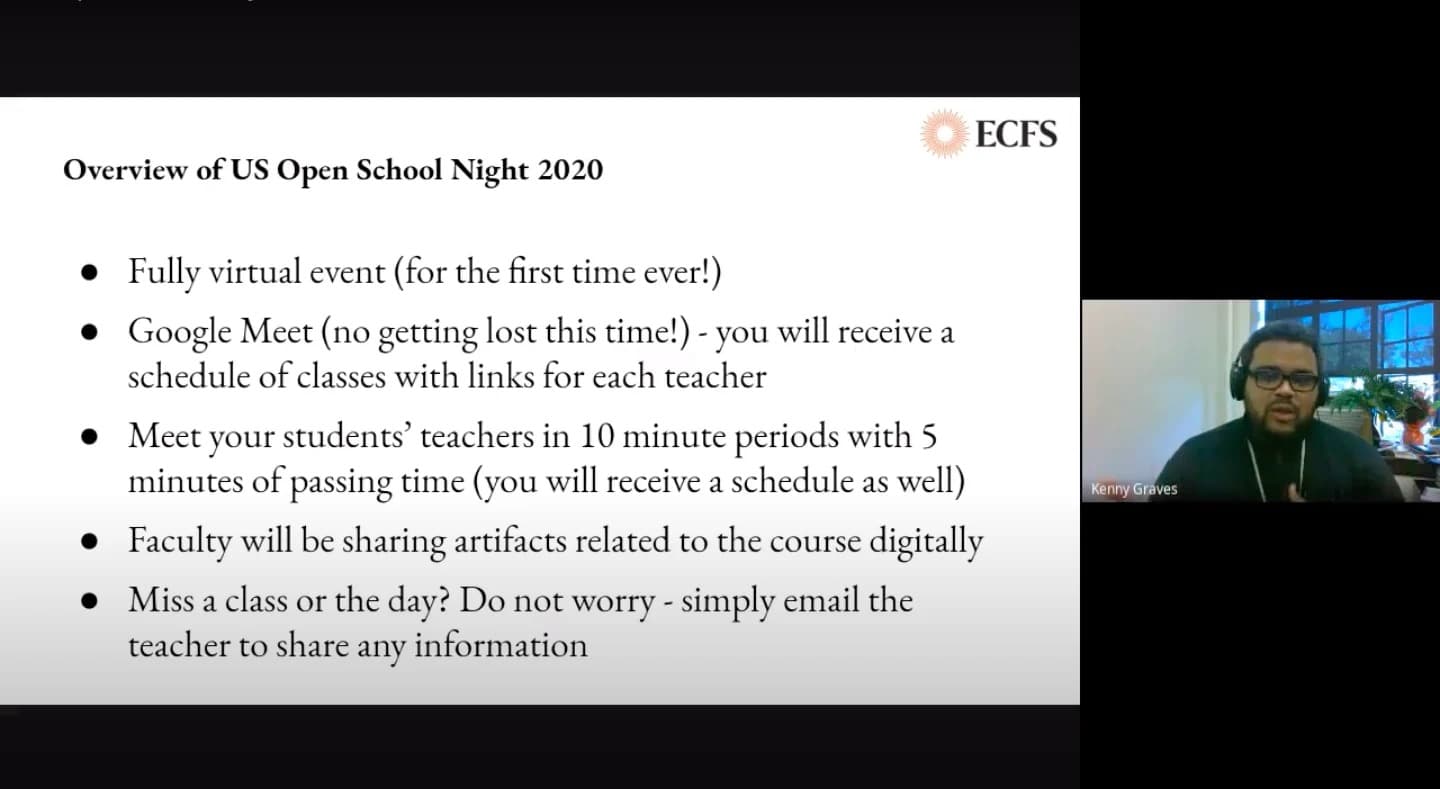 Kenny Graves speaks on Zoom about slide titled, "Overview of US Open School Night 2020"