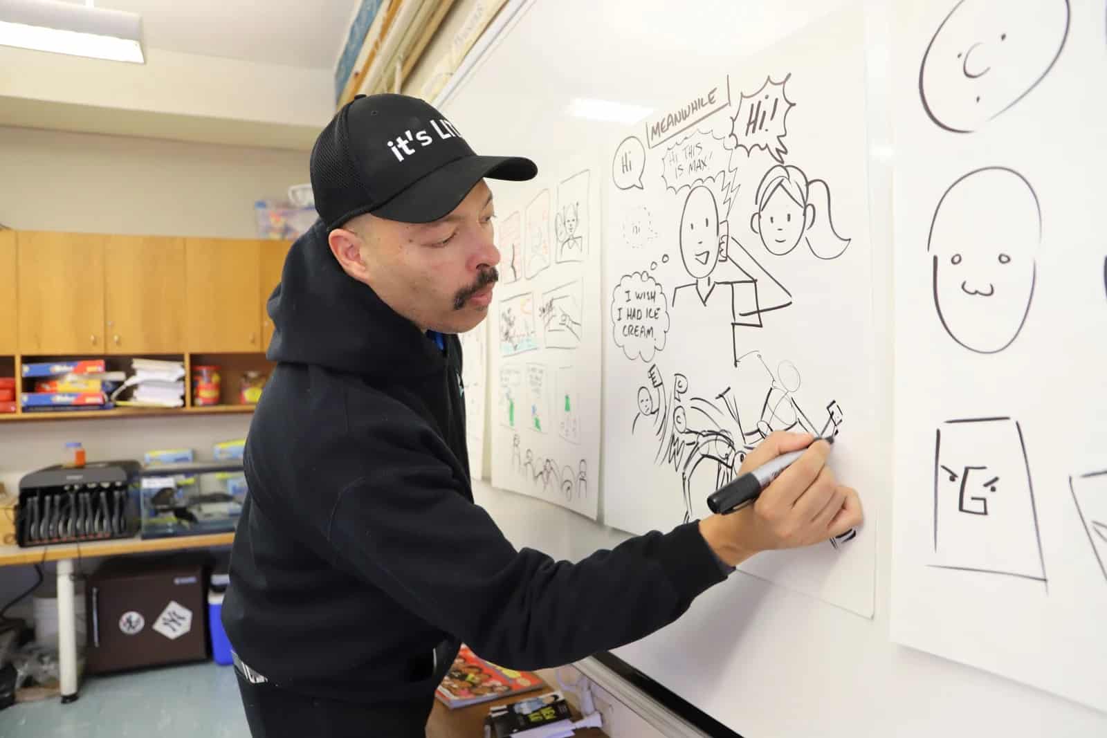 Close up of Craft drawing cartoons on whiteboard